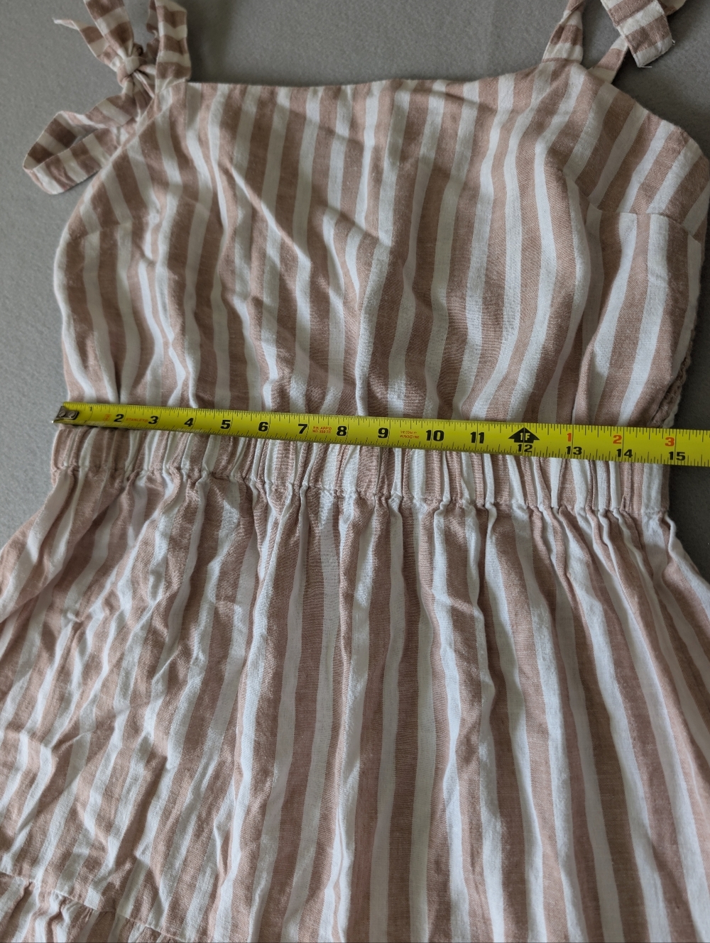 Linen Blend Tie Strap Ruffle Tier Coastal Neutral Striped Midi Dress Sz L Beach image 9